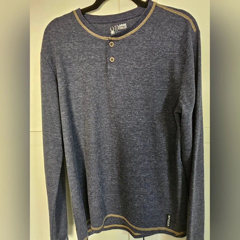 Spyder Men's L Blue Waffle Thermal Knit Long Sleeve Henley Shirt